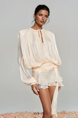 hermosa Balloon Sleeve Ruch Ruffle Mini Dress In Apricot