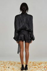 hermosa Balloon Sleeve Ruch Ruffle Mini Dress In Black