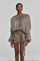 hermosa Balloon Sleeve Ruch Ruffle Mini Dress In Brown