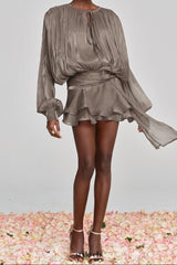 hermosa Balloon Sleeve Ruch Ruffle Mini Dress In Brown