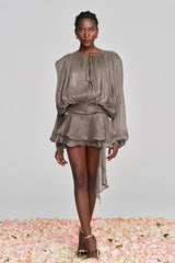 hermosa Balloon Sleeve Ruch Ruffle Mini Dress In Brown