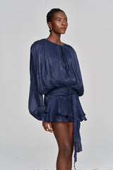 hermosa Balloon Sleeve Ruch Ruffle Mini Dress In Deep Blue