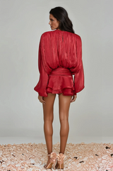 hermosa Balloon Sleeve Ruch Ruffle Mini Dress In Red