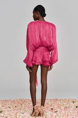 hermosa Balloon Sleeve Ruch Ruffle Mini Dress In Rose Red