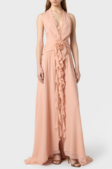 Aonaver Floral Ruffle Halter Maxi Dress in Pink
