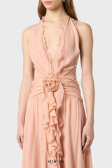 Aonaver Floral Ruffle Halter Maxi Dress in Pink