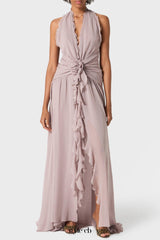 Aonaver Floral Ruffle Halter Maxi Dress in Purple