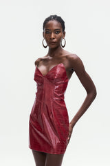 janice Crocodile Pattern Strapless Leather Mini Dress