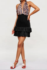 marguerite Leopard Plunge Ruffle Mini Dress In Black