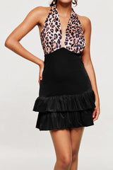 marguerite Leopard Plunge Ruffle Mini Dress In Black