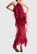 eunice Floral Halter Chiffon Ruffle Midi Dress in red