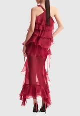 eunice Floral Halter Chiffon Ruffle Midi Dress in red