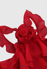 eunice Floral Halter Chiffon Ruffle Midi Dress in red