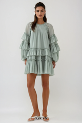 freda Balloon Sleeve Mesh Ruch Ruffle Mini Dress in green