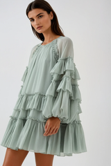 freda Balloon Sleeve Mesh Ruch Ruffle Mini Dress in green