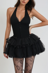 gina Mesh Halter Neck Corset Mini Dress in black