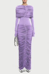 alice purple pleated Form-fitting maxi dress with asymmetrical draped shoulder