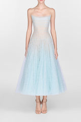 BLUE DRAPED LACE MIDI DRESS