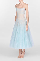 BLUE DRAPED LACE MIDI DRESS