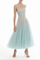 BLUE DRAPED LACE MIDI DRESS