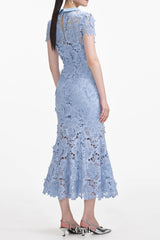Blue Flower Lace Contrast Collar Midi Dress