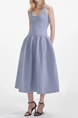 Blue Ribbed Knit Diamante Midi Dress