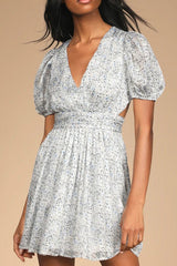 Budding Love White Floral Print Puff Sleeve Cutout Mini Dress