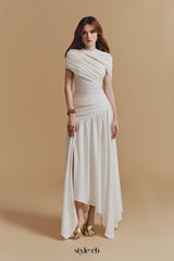 CASSIA Asymmetrical ruched top Midi Skirt set in white