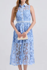 NECKLINE SLEEVELESS PINCHED WAIST MIDI DRESS IN BLUE