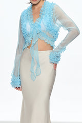 eudora Ruffle Plunge Lace Up Top in blue