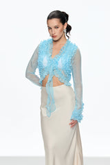 eudora Ruffle Plunge Lace Up Top in blue