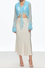 eudora Ruffle Plunge Lace Up Top in blue