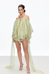 alisa Ruffle Lace Up Fringe Mini Dress in green