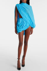 Cahya Asymmetric Draped Mesh Mini Dress