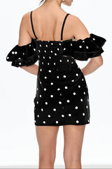 hermosa Dot Off Shoulder Mini Dress In Black