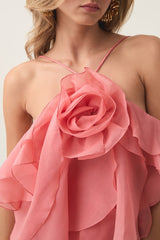 lorraine Halter Floral Ruffle Layered Mini Dress in Orange