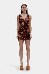 Tea print backless Mini Dress in brown