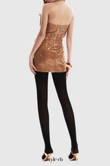 Charae Sequin Floral Strapless Mini Dress in brown