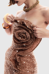 Charae Sequin Floral Strapless Mini Dress in brown