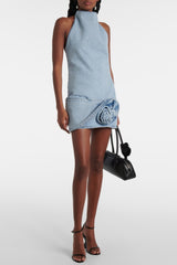 Christell Floral Appliqué Halter Denim Mini Dress