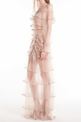 eudora floral inspired ruffle layer tulle gown in nude