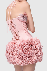 Cindia Floral Lace Up Corset Two Piece Set in Pink
