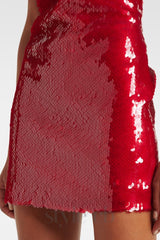 Cinwa Floral Appliqué Halter Sequin Mini Dress in Red