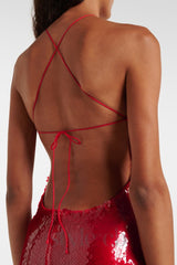 Cinwa Floral Appliqué Halter Sequin Mini Dress in Red