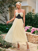 Contrast Ruched Bust Mesh Midi Tube Dress