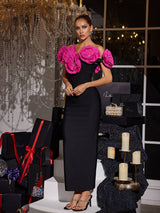OFF SHOULDER ROSE FLOWER BANDAGE DRESS IN BLACK