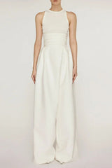 Stretch Sleeveless Tank Top Pleated Pants Set in white