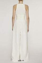 Stretch Sleeveless Tank Top Pleated Pants Set in white