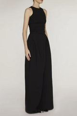Stretch Sleeveless Tank Top Pleated Pants Set in black