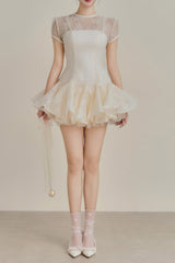 kelly sequin lace puffy mini dress in white